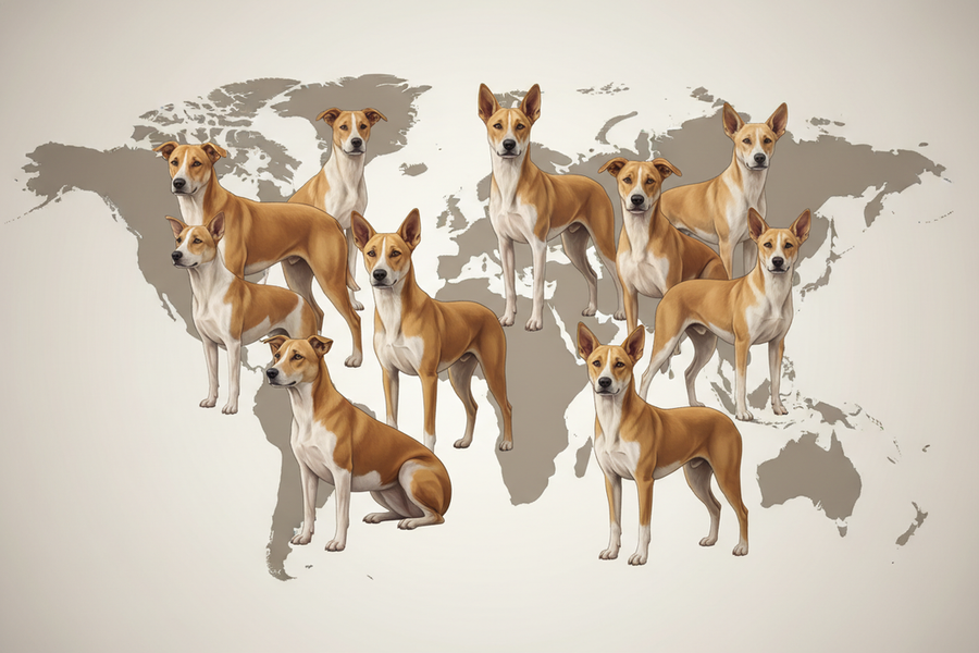 Illustration of village dogs in different countries with similar medium-sized, short-coated, tan coats and upright ears