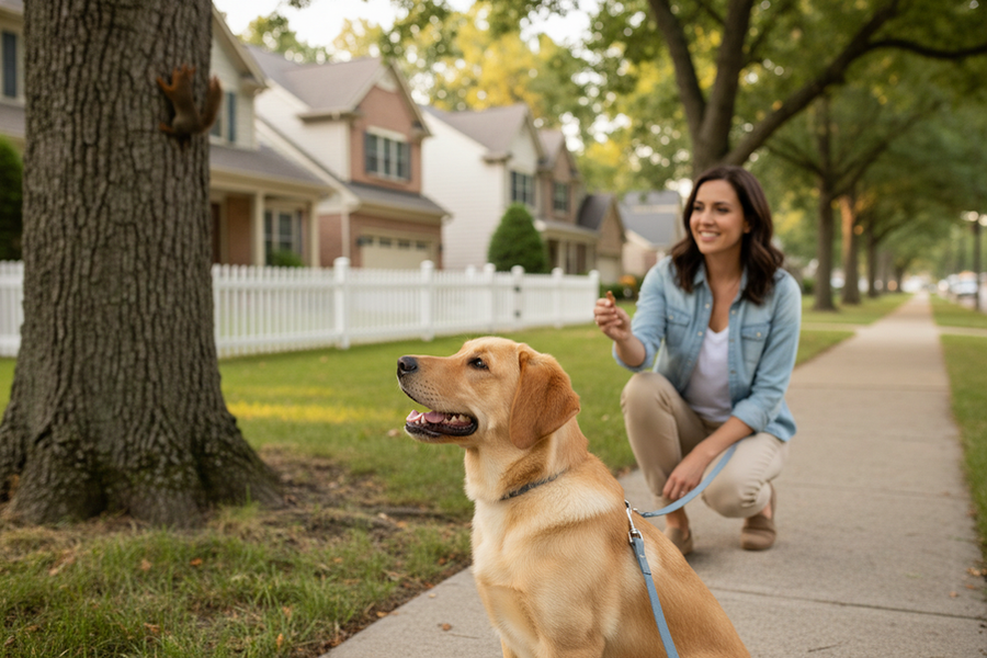 A distracted 4-month-old puppy on a neighborhood walk while the owner practices recall calmly