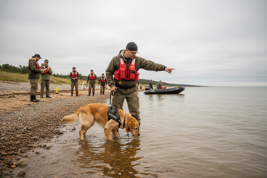 Cadaver dog with handler working a shoreline search beside murky water during an evidence recovery operation.