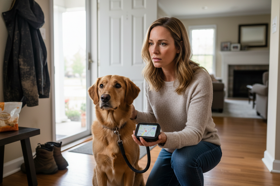 A worried dog owner checks a GPS dog tracker near a front door while a dog waits nearby, suggesting separation anxiety and escape prevention.