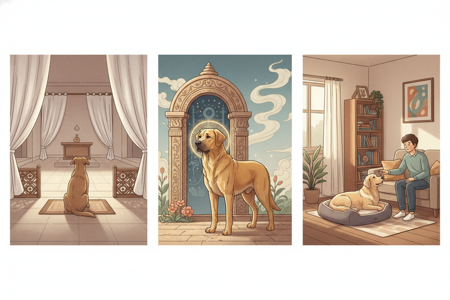 Editorial illustration comparing dogs as ritually restricted in some traditions and revered in others, with calm cultural symbolism.