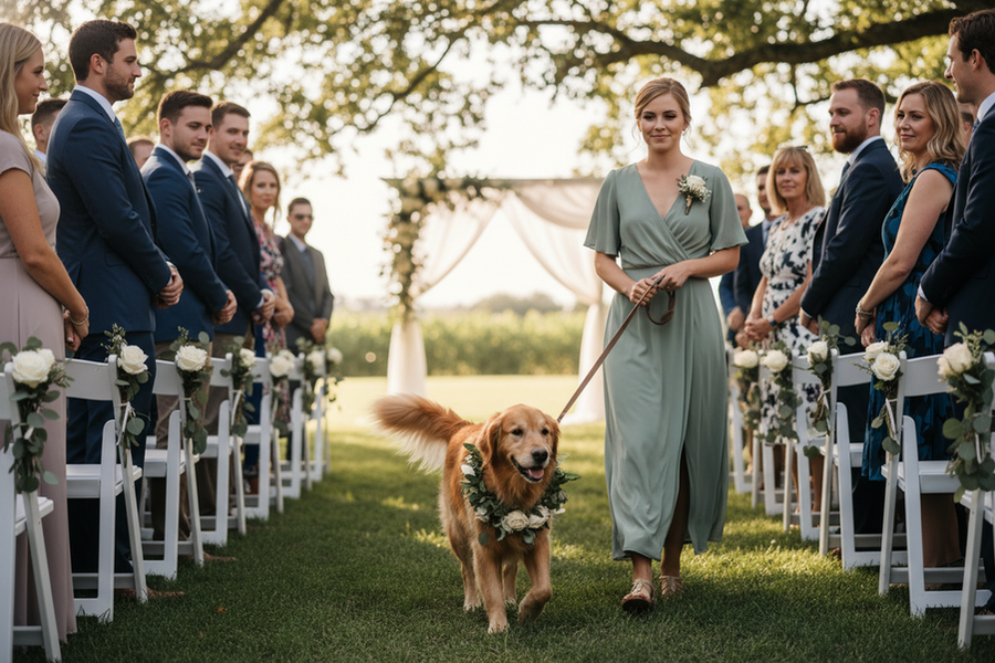 Dog walking calmly with a handler during a wedding ceremony