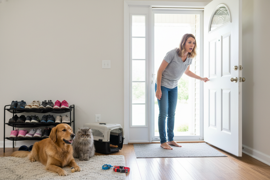 A concerned pet owner at a front door notices one dog missing while two other pets remain calmly inside the home.
