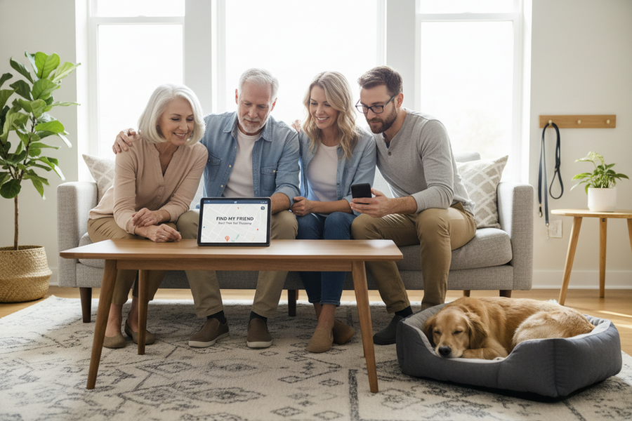 Multi-generational family reviewing a pet tracker together at home