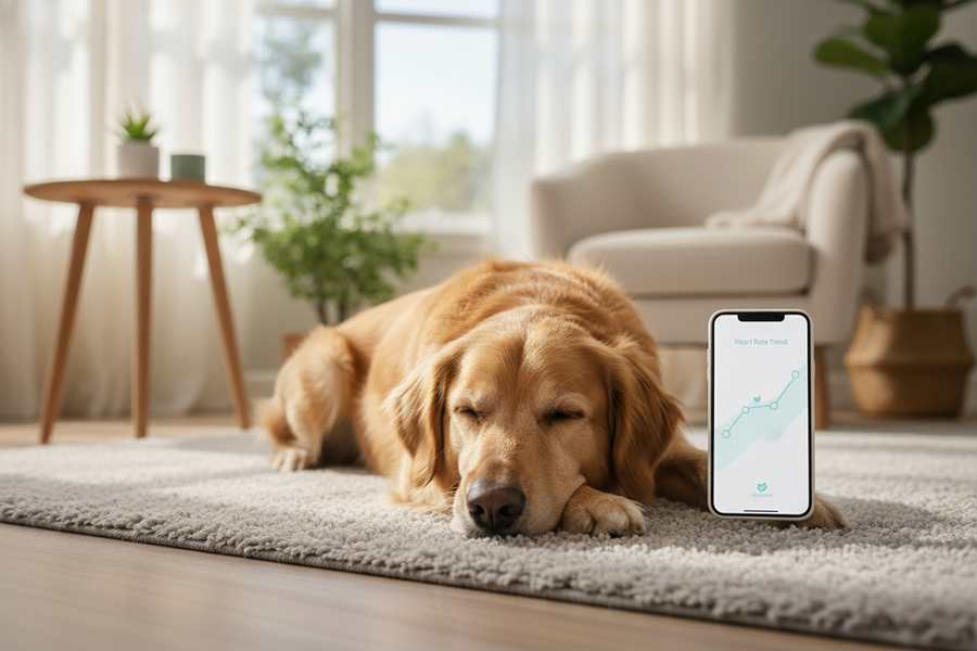 A dog resting calmly beside a phone showing a heart rate trend line.