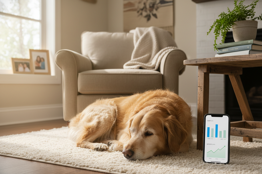 Senior dog resting while a phone displays sleep and activity tracking data