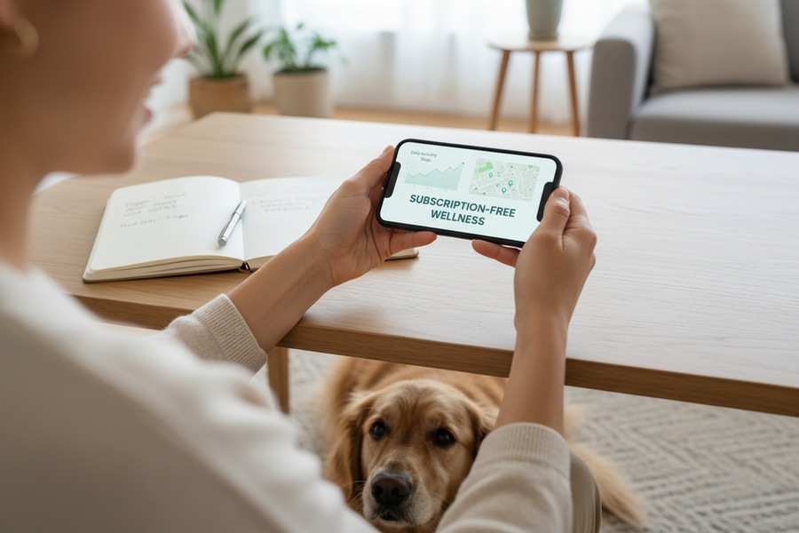 Dog owner reviewing a digital pet health journal with activity and location trends on a phone and notebook at home