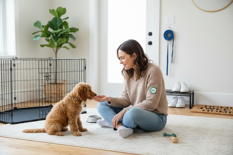 A calm puppy meeting a vaccinated adult indoors with shoes removed and a clean, controlled setup.
