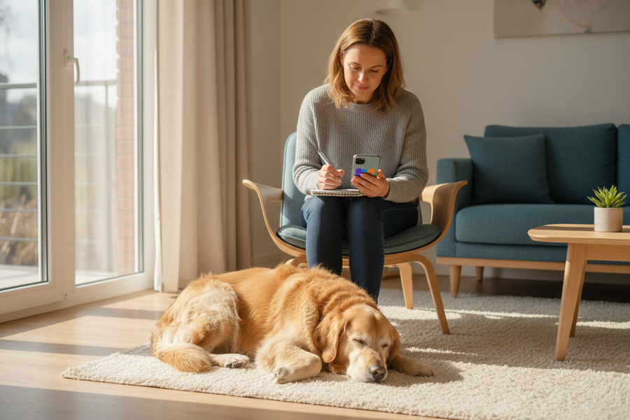 Pet resting at home while a caregiver reviews health notes
