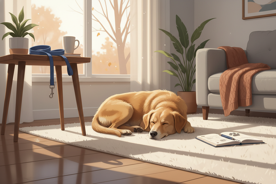A calm dog indoors during seasonal light changes, with a notebook and leash nearby