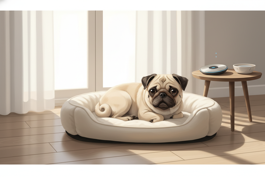 A brachycephalic dog resting indoors with a wearable collar device nearby