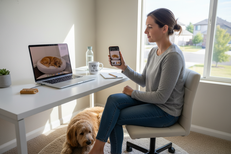 Remote worker checking pet tracker data beside a laptop while a dog rests nearby in a home office