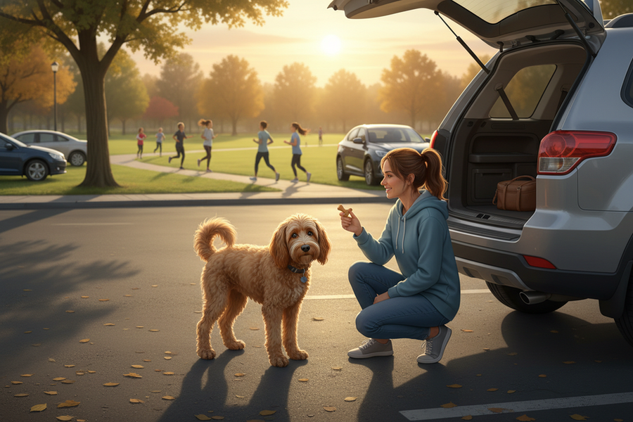 A dog hesitating at a car hatch after running at a park, illustrating selective refusal to jump into the car.