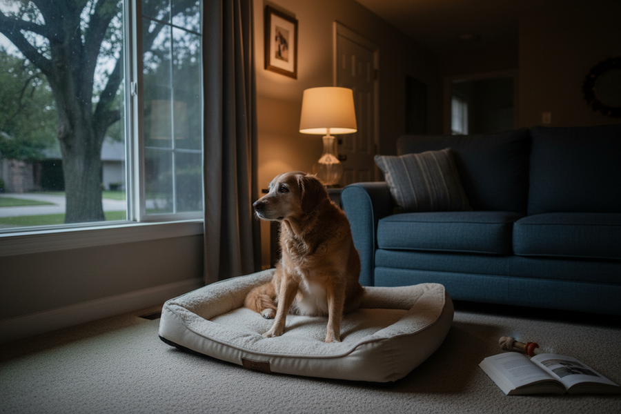 A senior dog indoors at night in a calm home setting, suggesting mild restlessness and careful observation.
