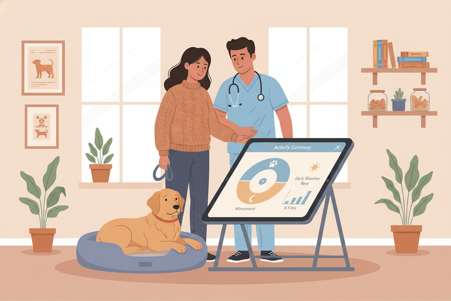 Dog owner reviewing activity data with a veterinarian before an annual checkup