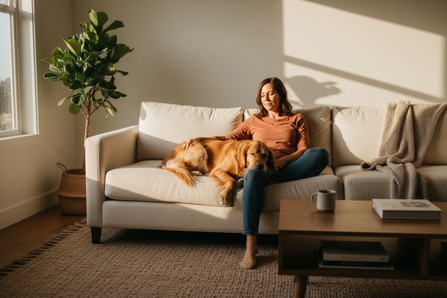 A person sitting quietly with a dog in a warmly lit living room, suggesting calm company and emotional comfort.