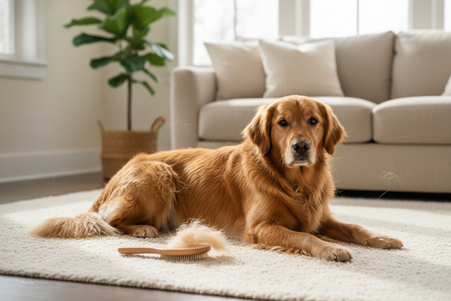 A calm dog being brushed while loose fur gathers nearby, illustrating normal shedding versus hair loss that needs attention.