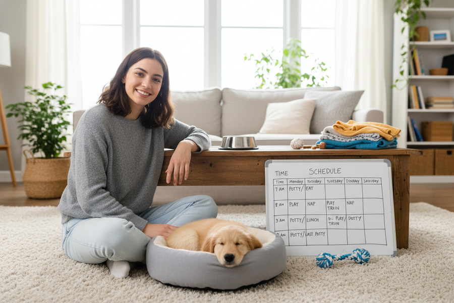 A new puppy in a cozy home with a simple weekly routine chart nearby, showing first-time owners planning feeding, potty breaks, play, and sleep.