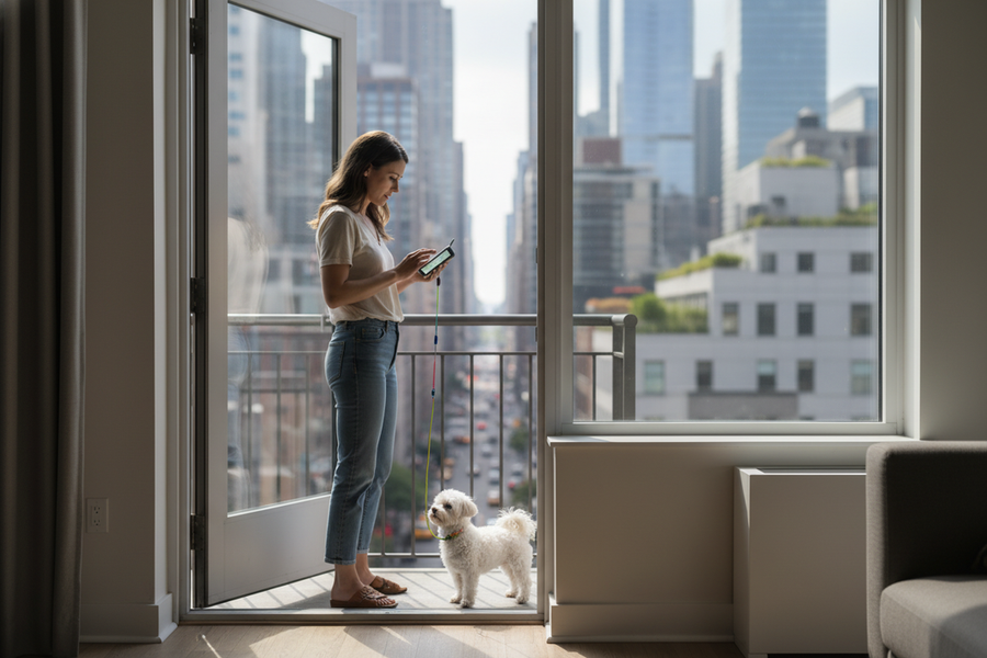 An urban apartment resident checks a pet tracking device while a dog stands near the doorway, suggesting escape risk in a city home.