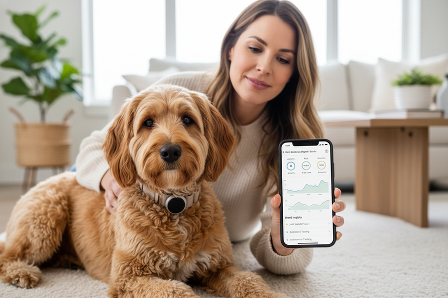 Dog health monitoring concept with activity, rest, and recovery trends displayed for breed-specific wellness tracking