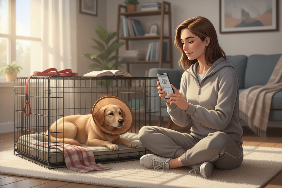 Dog owner reviewing activity data during ACL recovery at home