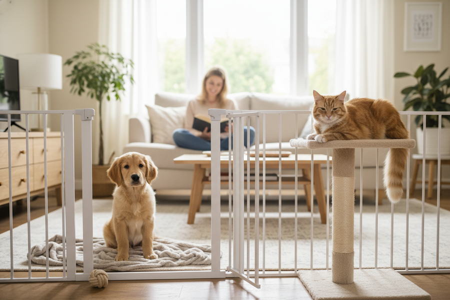 A calm puppy and resident cat introduced with a baby gate and supervised space between them