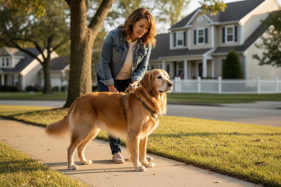 Senior dog pausing on a walk while an owner watches for signs of fatigue or joint pain