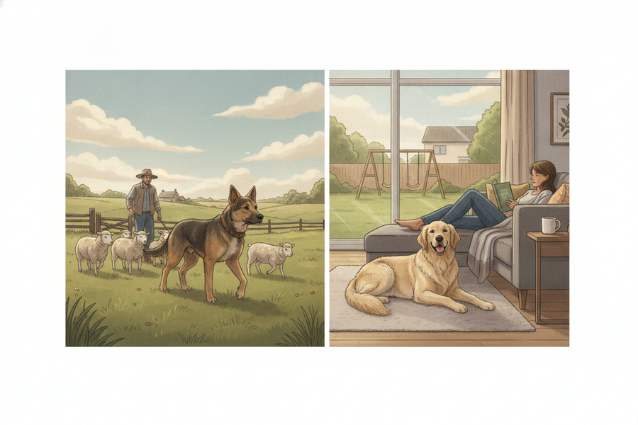 Two dogs shown in contrasting cultural contexts, one in a community setting and one in a household setting