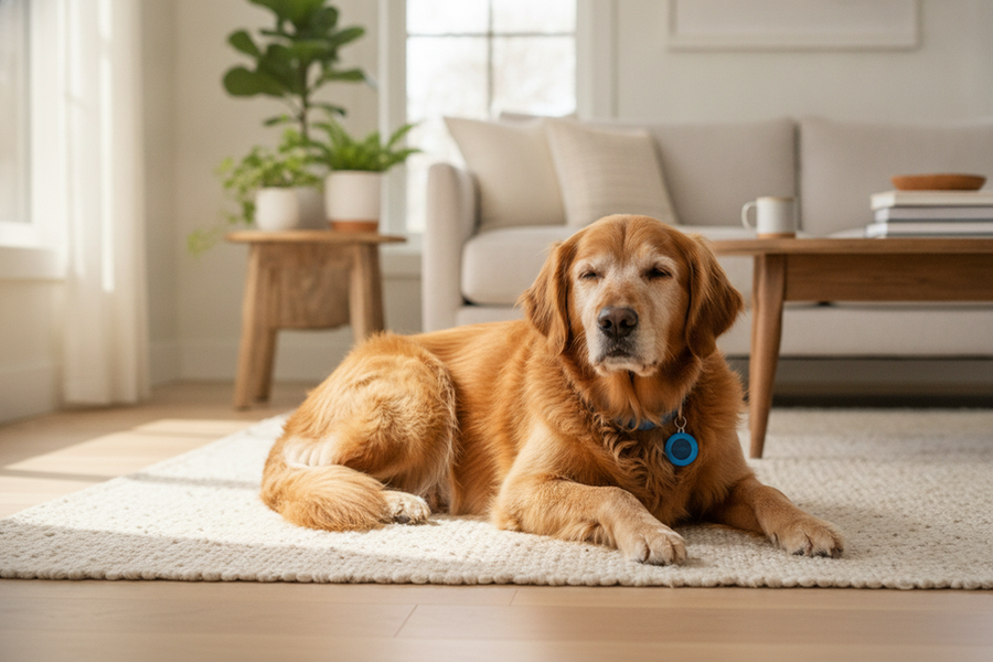 A dog activity tracker beside a calm senior dog resting on a rug in a living room
