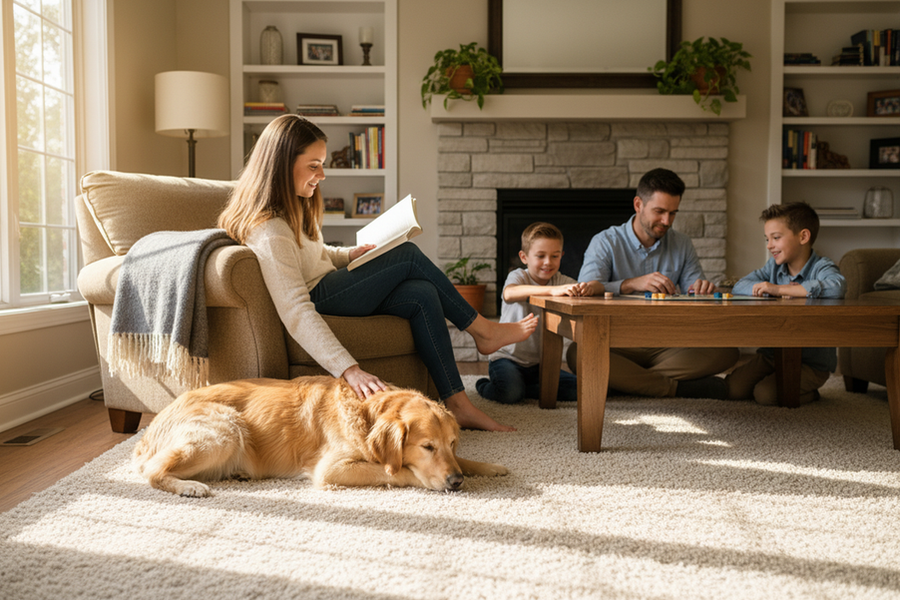 A family dog choosing to stay close to one person in a living room