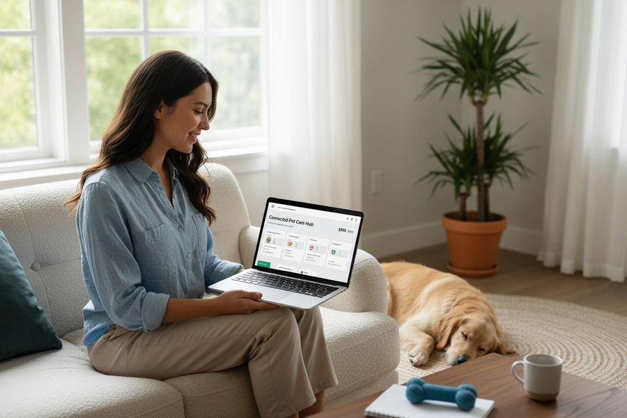 A first-time dog owner comparing connected pet care options on a laptop
