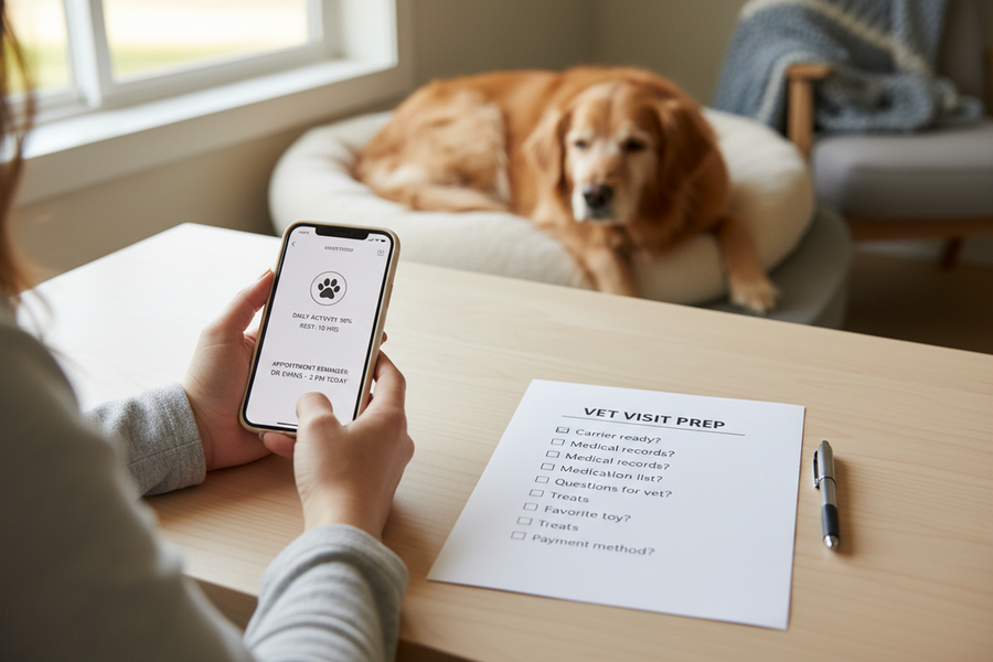 A pet owner reviewing a short vet visit summary with tracker exports and notes on a desk