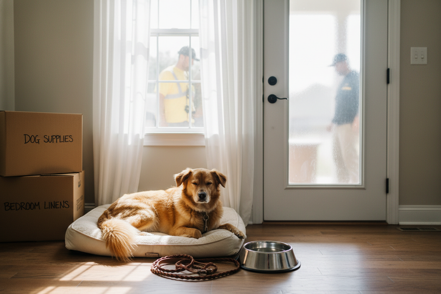 Dog resting in a quiet safe room while movers and contractors work in the background