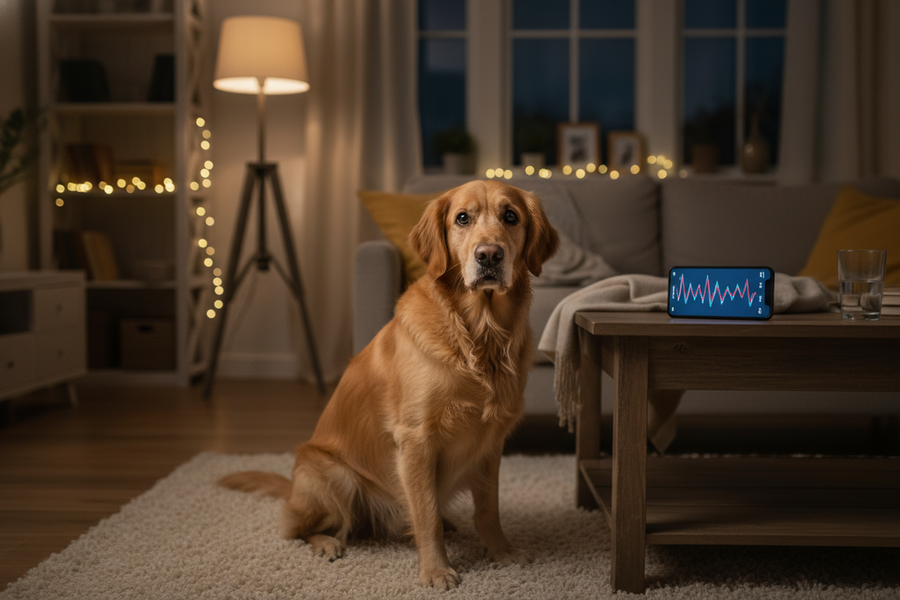 A dog lying awake at night beside a dim living room, with a nearby phone showing a sleep log.