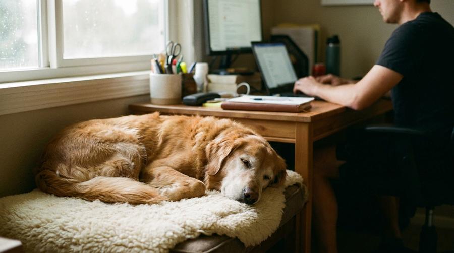 A calm dog resting beside a home office desk
