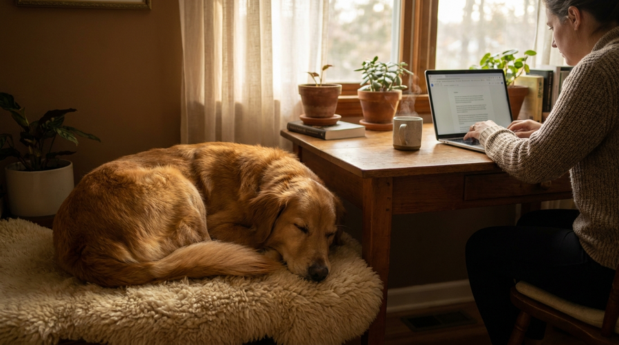 A calm dog resting beside a home office desk while owner works on laptop