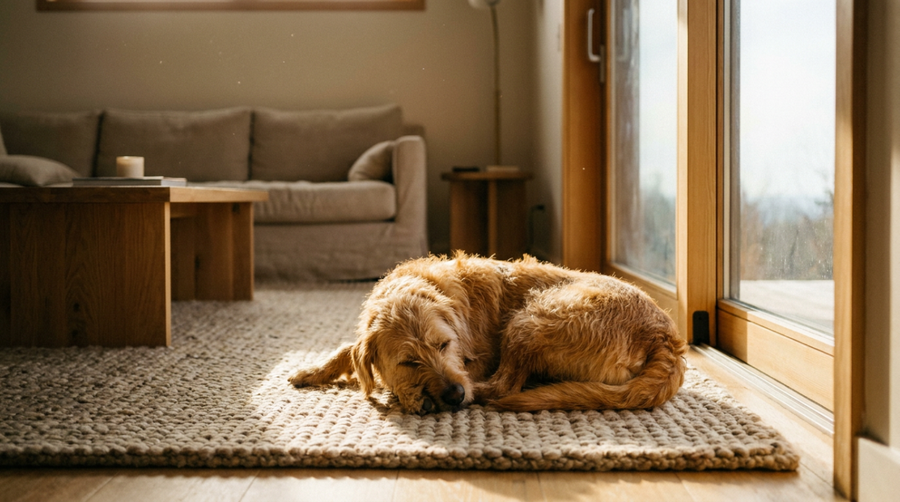 A calm dog resting by a sunny window in a modern home