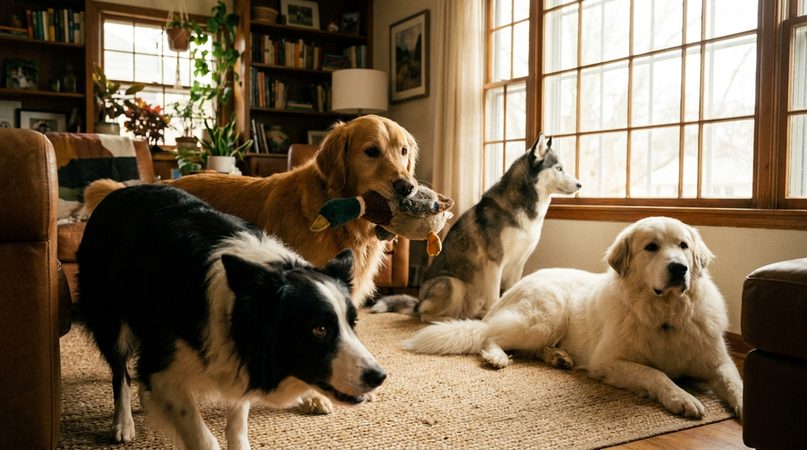 A diverse group of working dog breeds displaying their natural behaviors in a family home environment