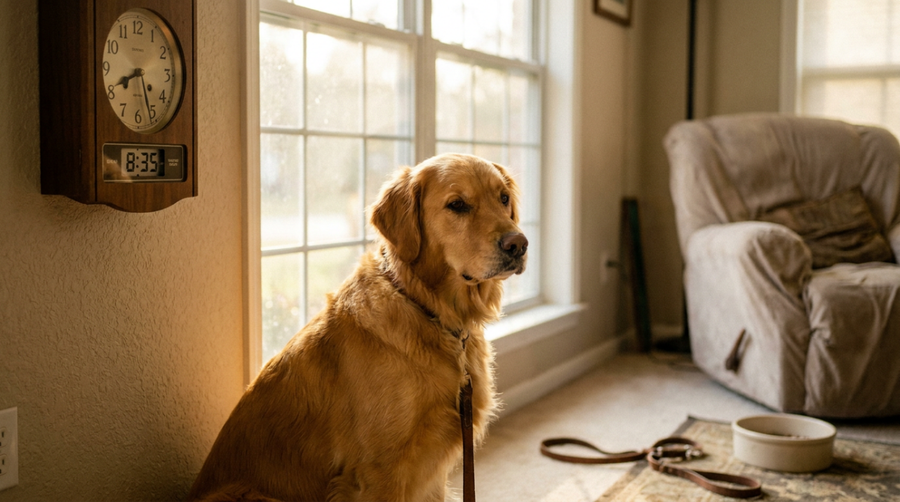 A dog sitting by a window watching the time, appearing slightly unsettled