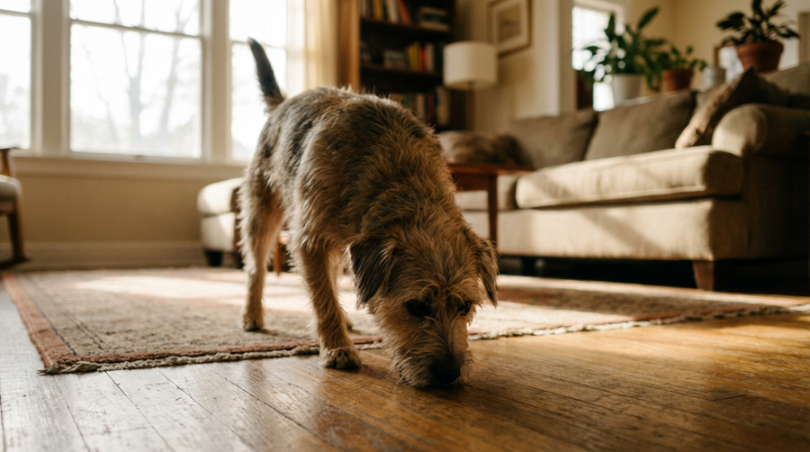 A focused dog engaged in a scent work activity on a living room floor