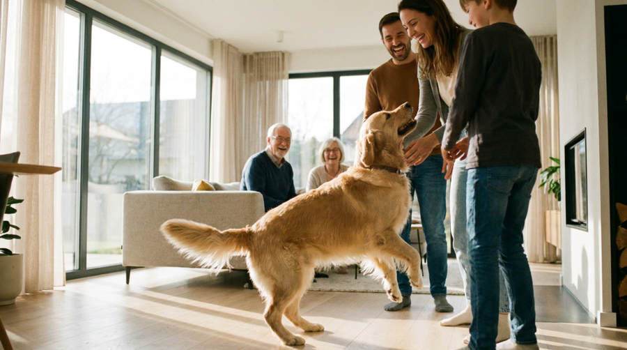 A golden retriever greeting family members in a sunlit living room