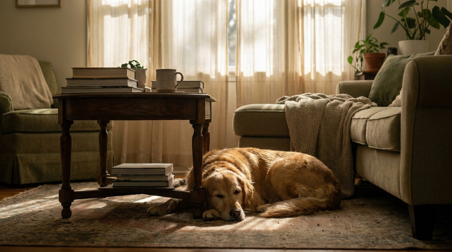 A golden retriever resting peacefully under a table in soft afternoon light