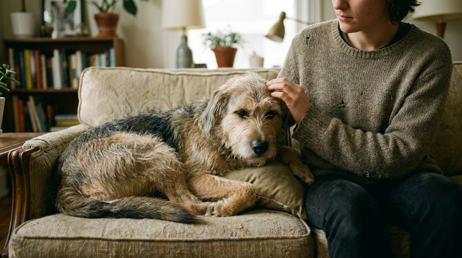 Person gently touching a relaxed dog on a couch wearing a DBDD tracker
