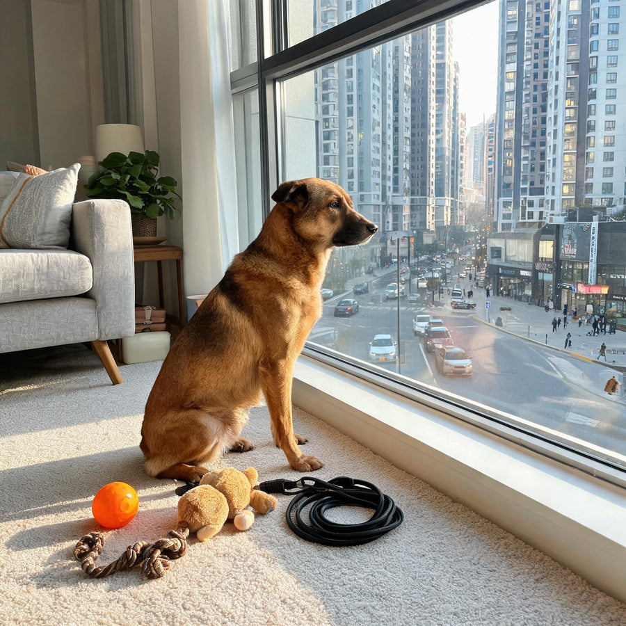 Apartment dog balancing indoor activity and outdoor walks