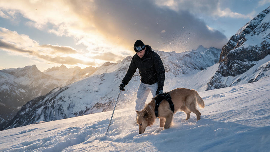 Avalanche rescue dog searching on a snowy mountain