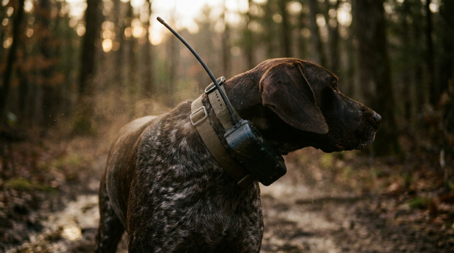 Close-up of a functional GPS dog collar on an active outdoor dog