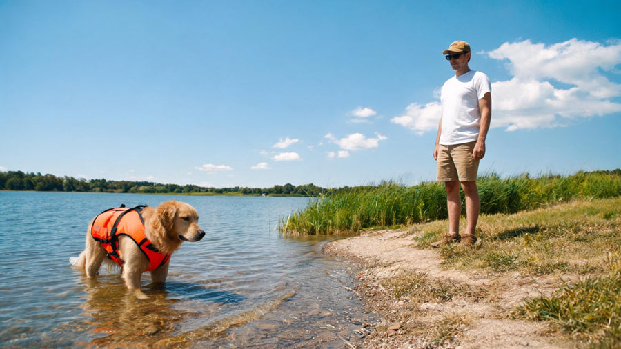 Dog and owner practicing safer spacing in shallow water