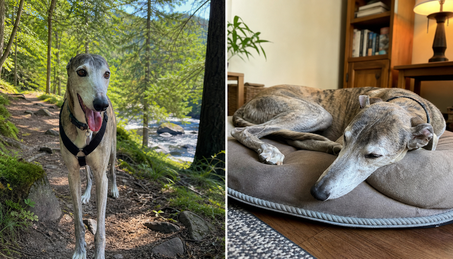 Dog enjoying one meaningful daily outing then settling calmly at home