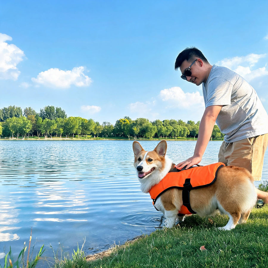 Dog in a life jacket near water because of buoyancy risk
