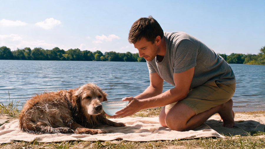 Dog offered fresh water after swimming in a lake